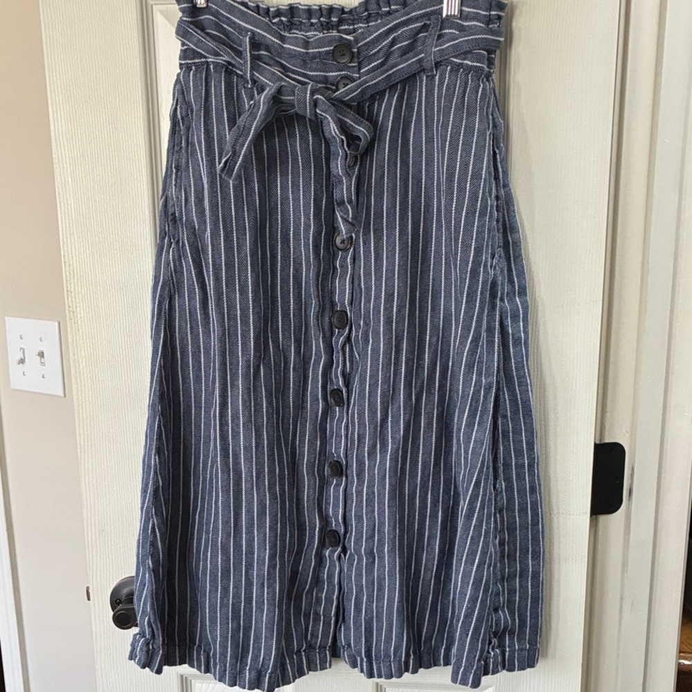 Linen Striped Blue Button-Front Paperbag Waist Skirt